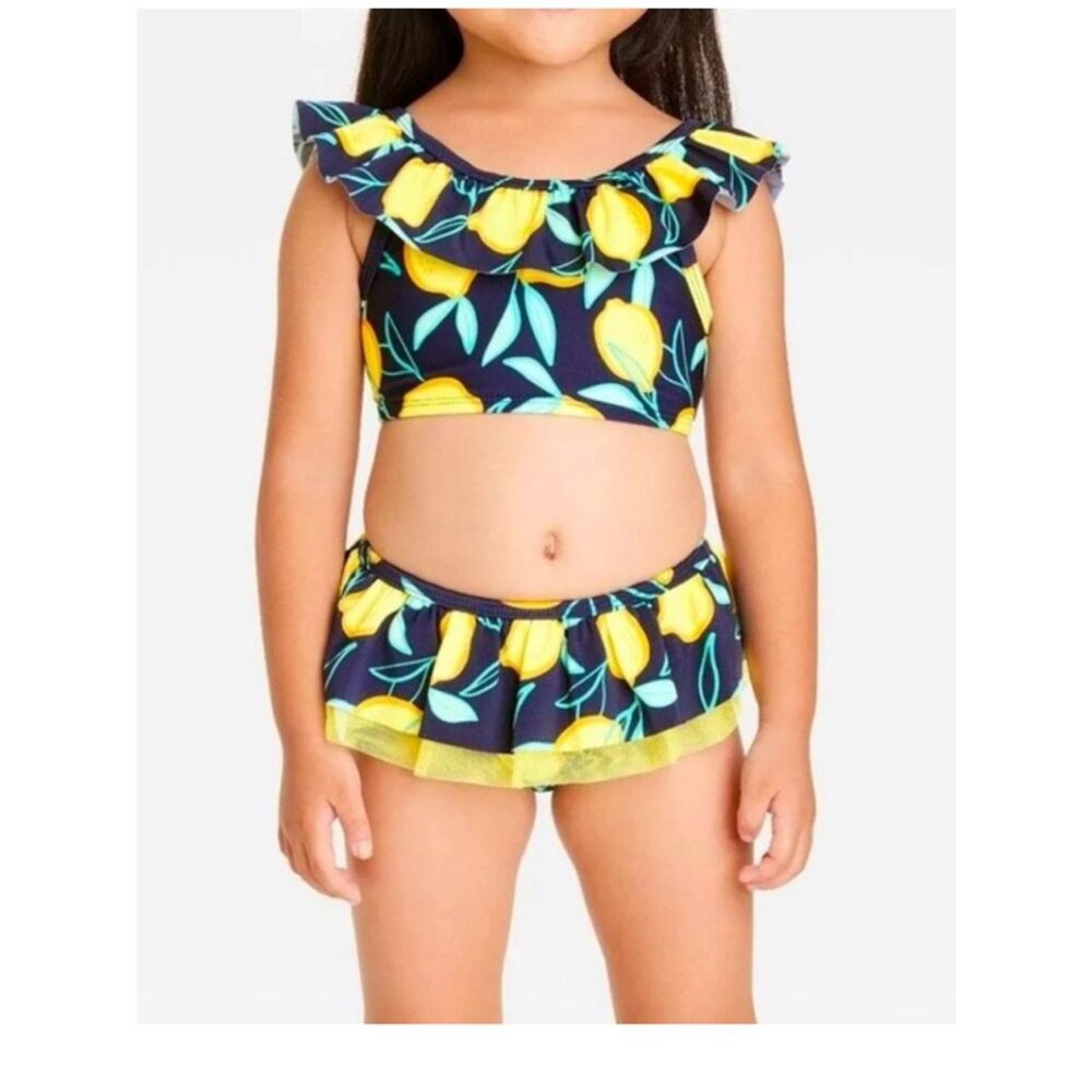 Cat & Jack Yellow and Blue Kids Two-Piece lemon print Ruffle details size 5T